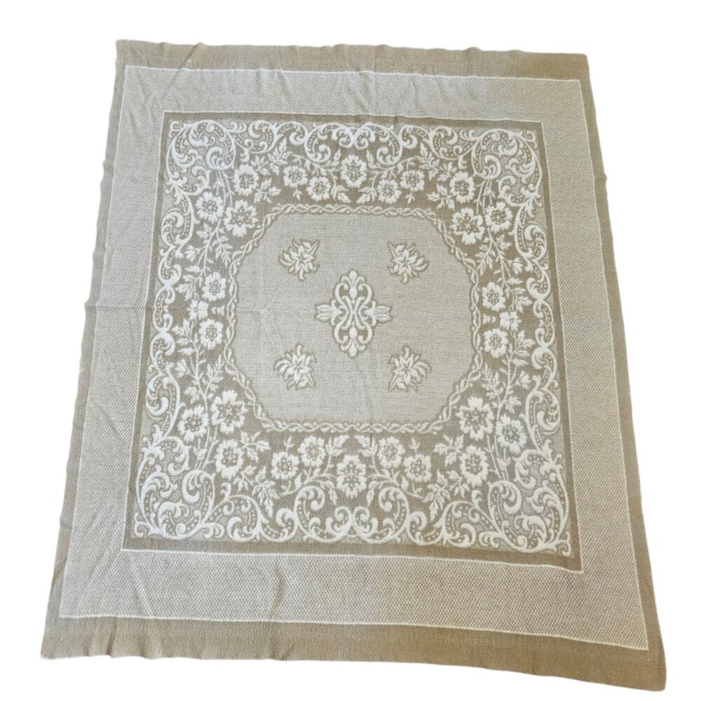 VTG Cream Beige‎ Reversible Damask Floral Coverlet Bedspread French Twin Full